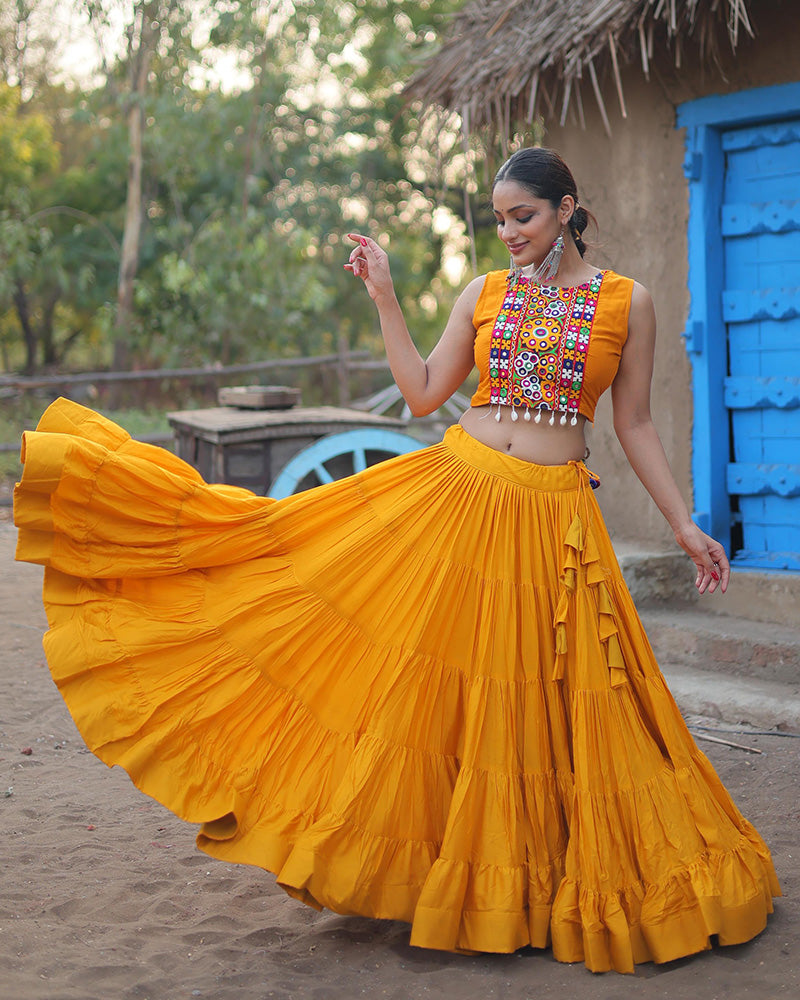 Mustard Color Rayon Frill And Embroidered Navratri Lehenga Choli