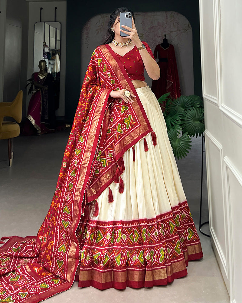 Patola Printed Red Color Tussar Silk Lehenga Choli