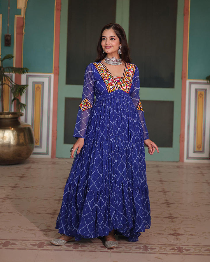 Navratri Special Blue Color Faux Georgette Bandhej Gown