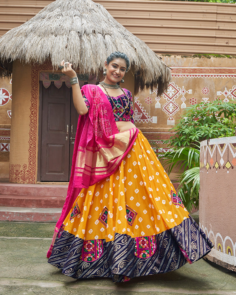 Yellow Color Maslin Cotton Fully Stitched Navratri Lehenga Choli