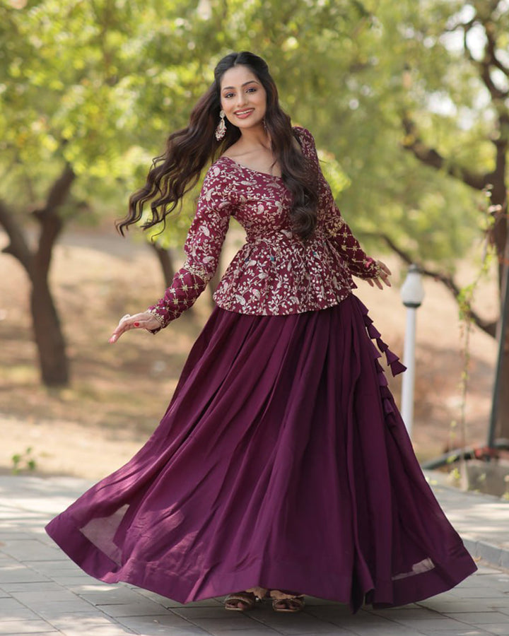 Designer Wine Color Vichitra Shimmer Crop Top Lehenga Choli