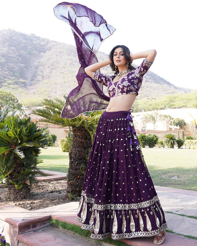 Wedding Wear Wine Color Blooming Embroidery Lehenga Choli