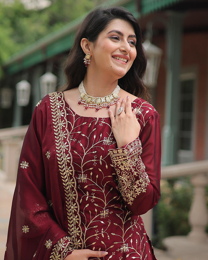 Maroon Color Rangoli Silk Three Piece Plazzo Suit