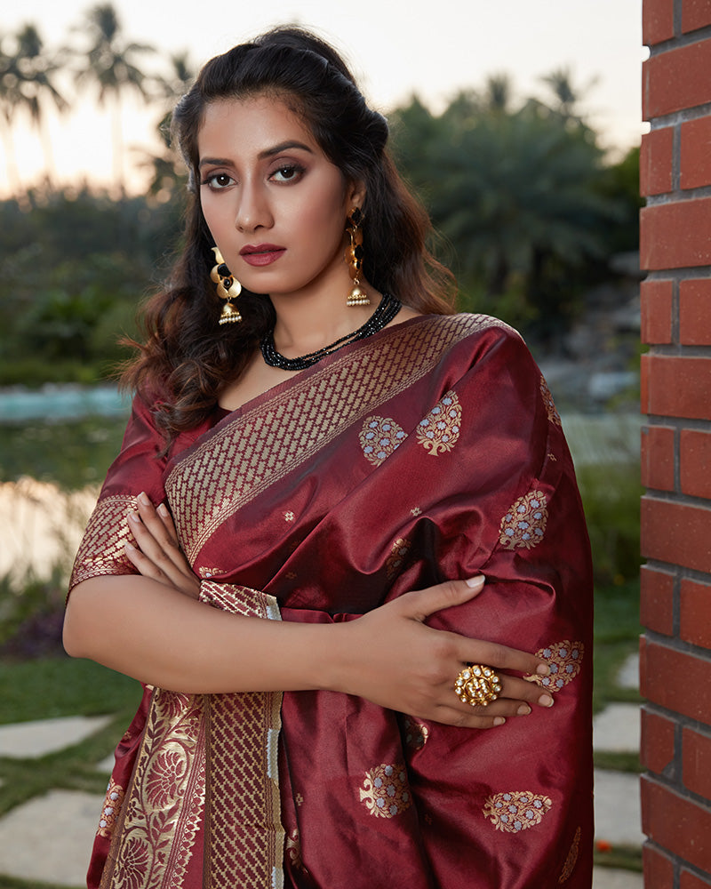 Beautiful Maroon Color Banarasi Weaving  Silk Saree