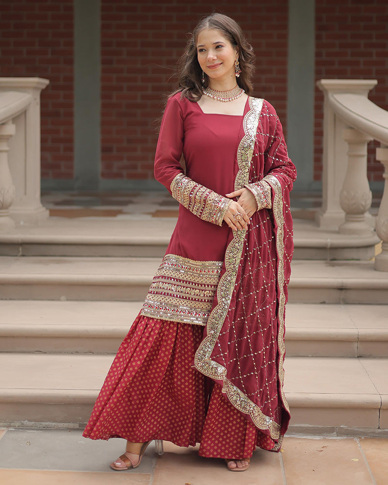 Maroon Color Jacquard And Georgette Three Piece Plazzo Suit