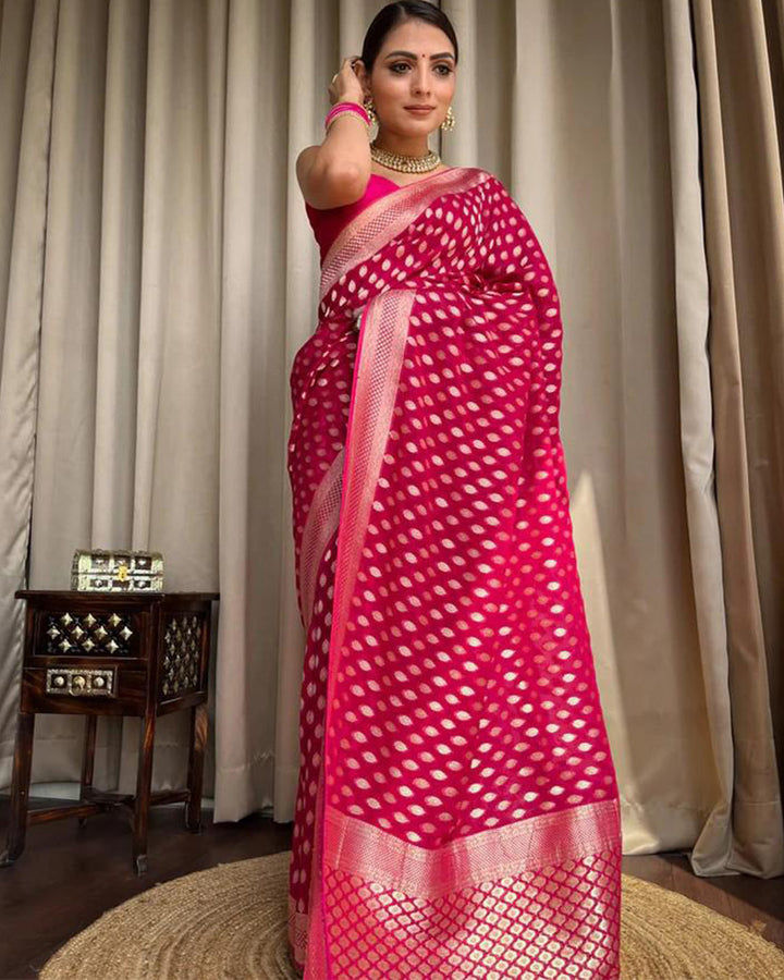 Designer Rani Pink Color Zari Weaving Banarasi Silk Saree