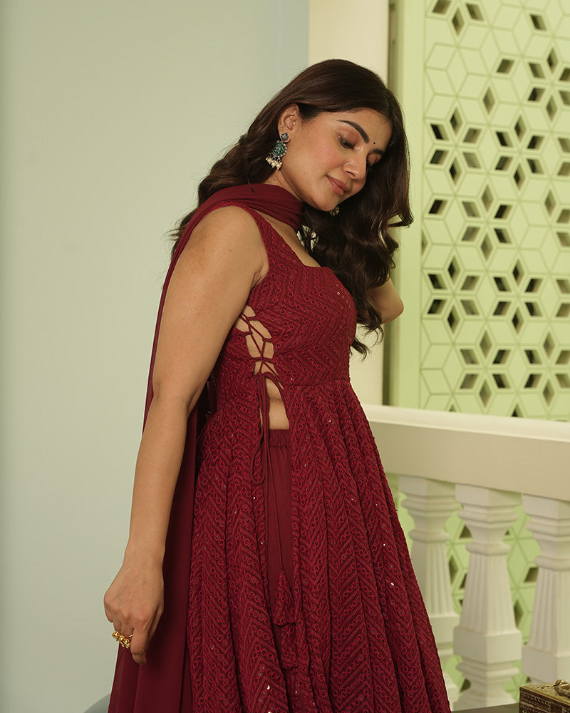 Maroon Color Soft Georgette Embroidered Lucknowi Salwar Suit