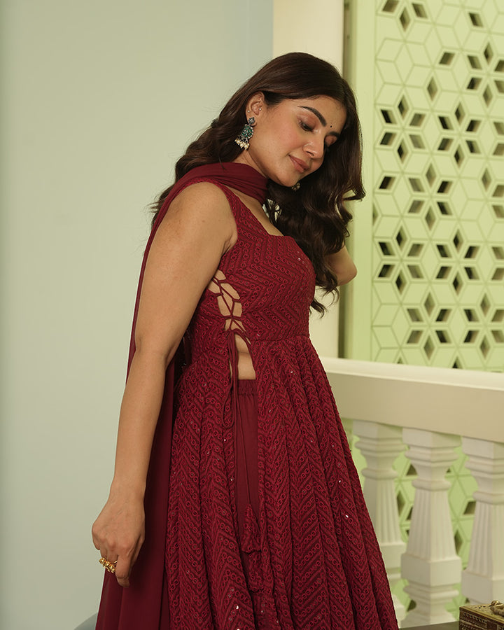 Maroon Color Soft Georgette Embroidered Lucknowi Salwar Suit