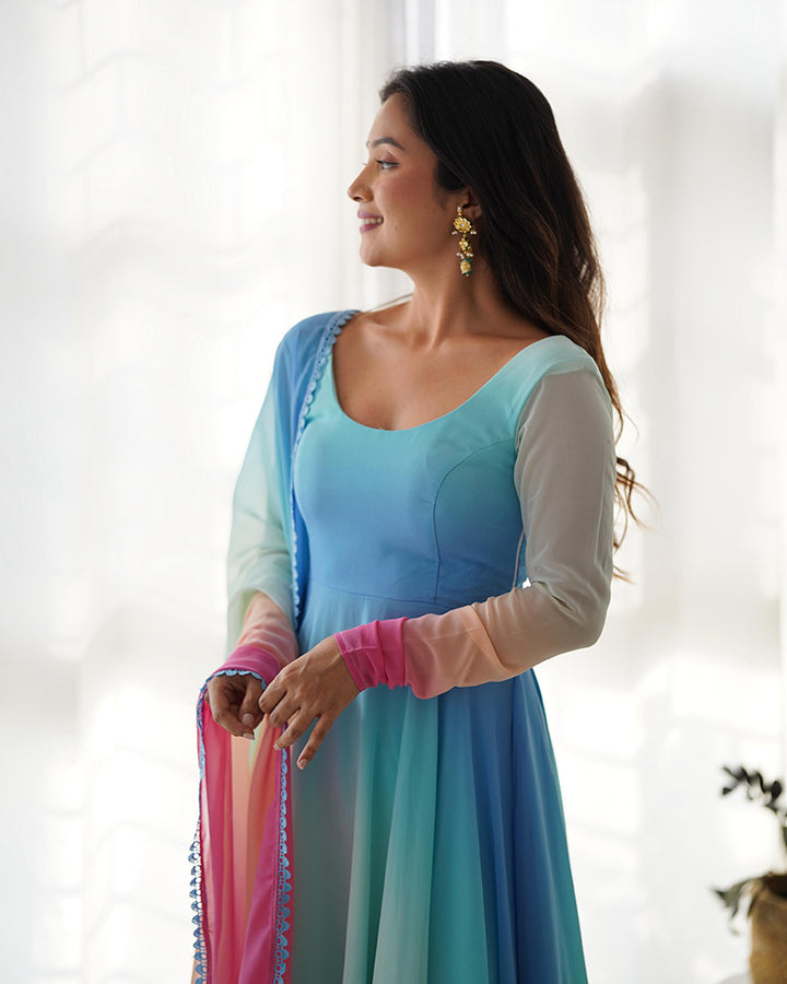 Multi Color Georgette Anarkali With Pant And Dupatta