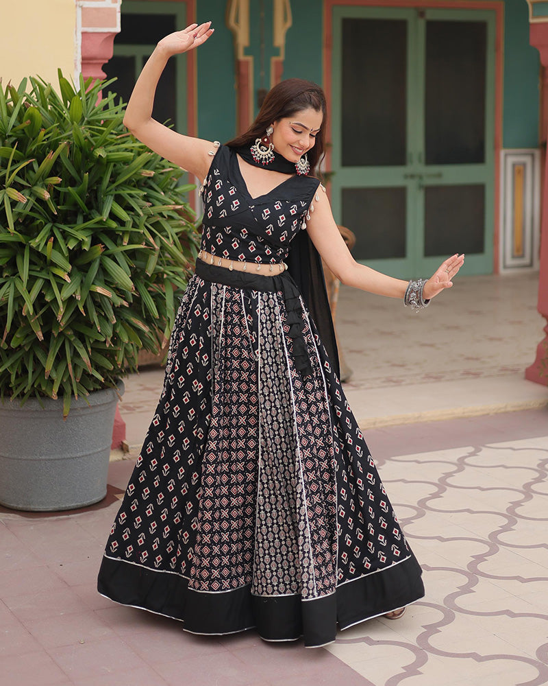 Navratri Wear Black Color Rayon Kali Pattern Printed Lehenga Choli