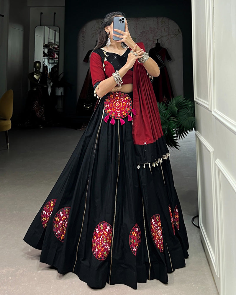 Red And Black Color Pure Cotton Gamthi Work Navratri Lehenga Choli