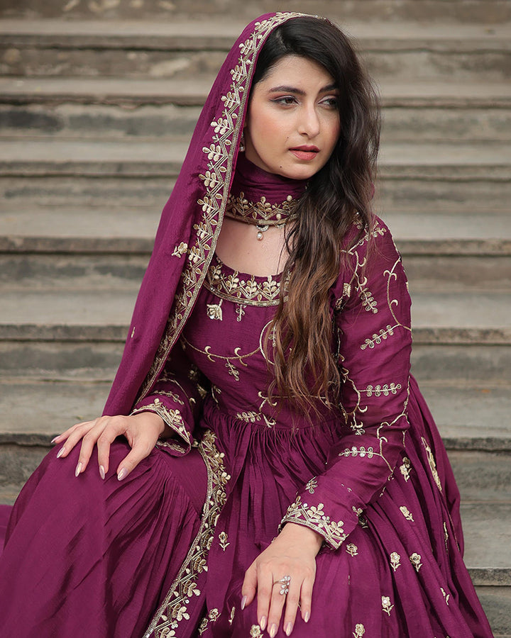 Wine Color Chinon Embroidered Sharara Suit