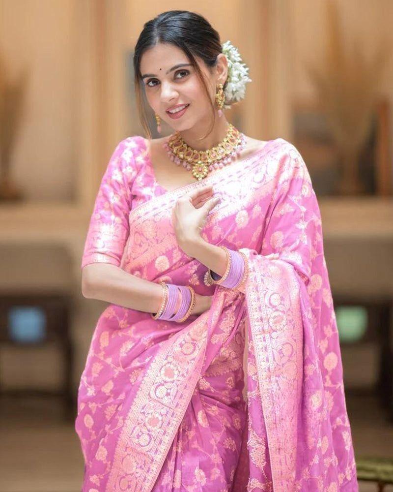 Designer Pink Color Zari Work Banarasi Silk  Saree