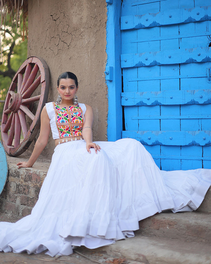 White Color Rayon Frill And Embroidered Navratri Lehenga