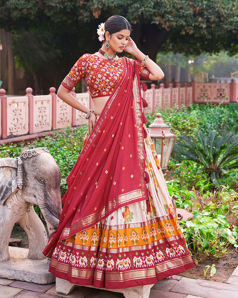 Red Color Tussar Silk Floral And Patola Print Lehenga Choli