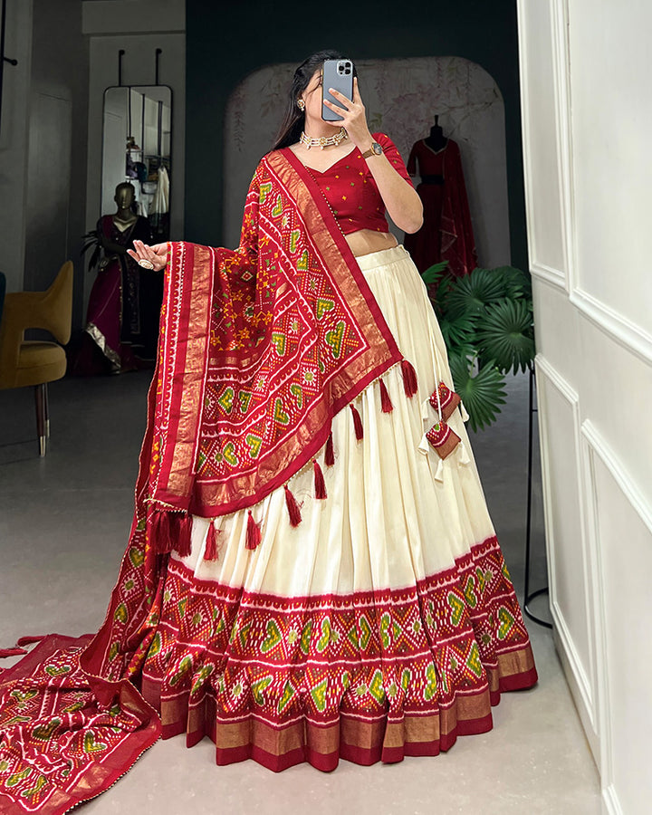 Patola Printed Red Color Tussar Silk Lehenga Choli