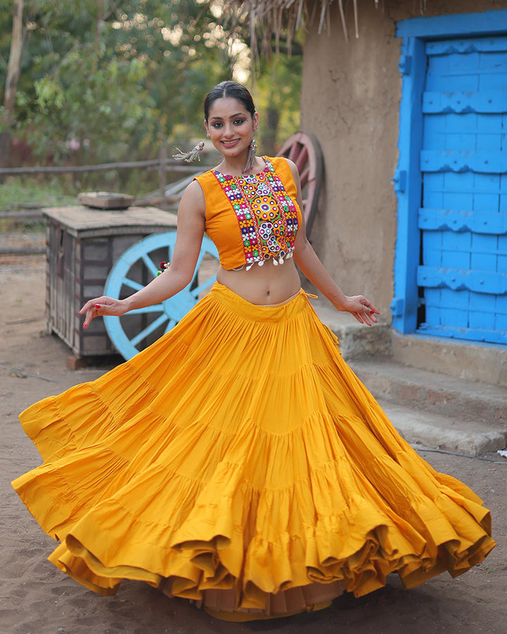 Mustard Color Rayon Frill And Embroidered Navratri Lehenga Choli