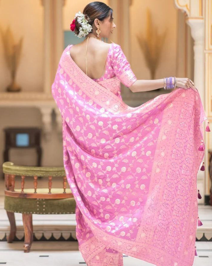 Designer Pink Color Zari Work Banarasi Silk  Saree