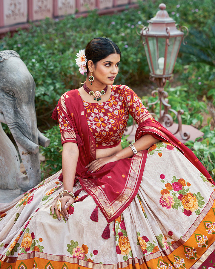 Red Color Tussar Silk Floral And Patola Print Lehenga Choli