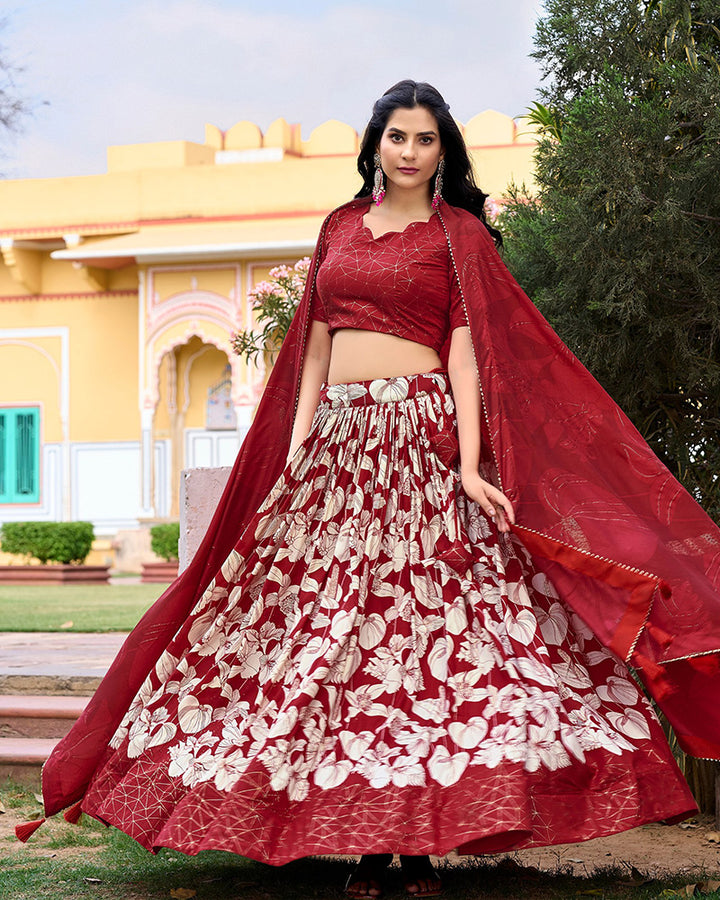 Red Color Floral And Foil Print Tussar Silk Lehenga Choli