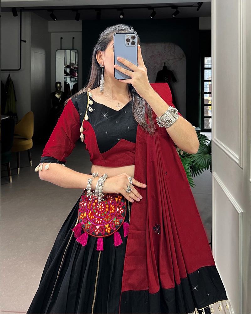 Red And Black Color Pure Cotton Gamthi Work Navratri Lehenga Choli