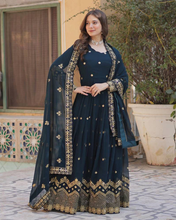 Designer Peacock Color Gown With Sequence Embroidered Dupatta