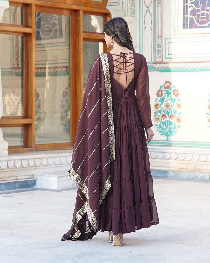 Brown Color Georgette Frill Anarkali Gown With Heavy Dupatta Work