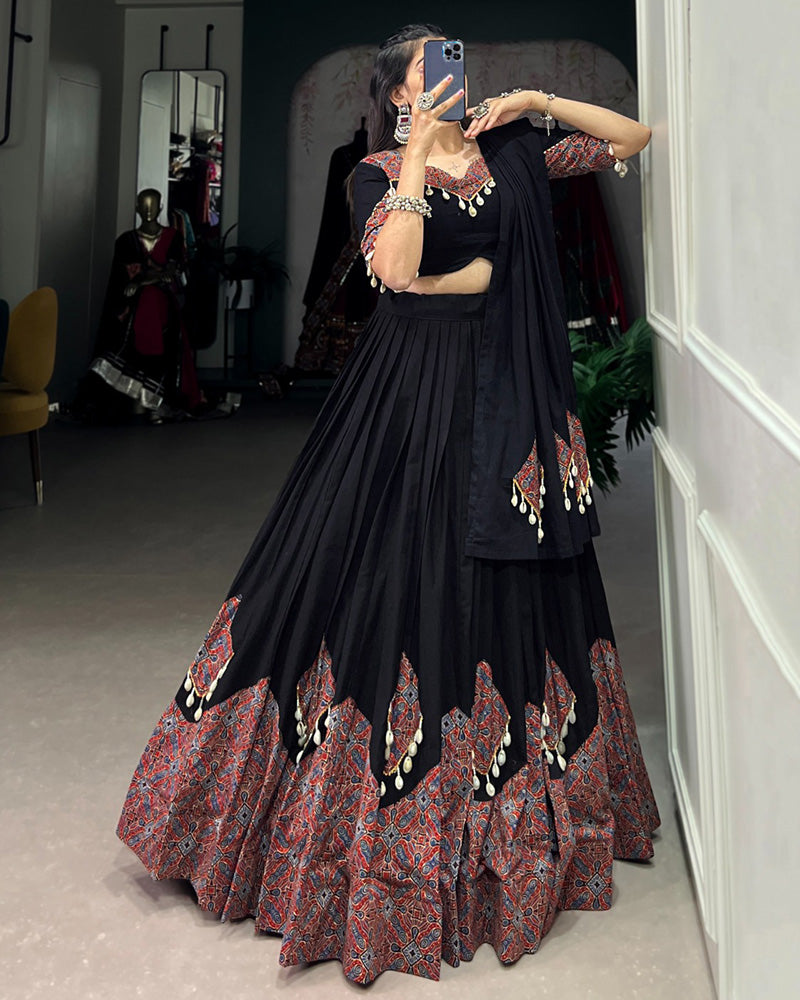 Black Color Cotton Printed Navratri Lehenga Choli