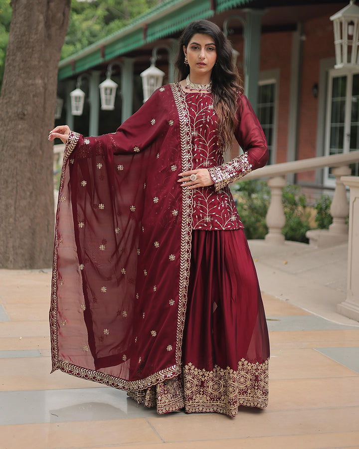 Maroon Color Rangoli Silk Three Piece Plazzo Suit