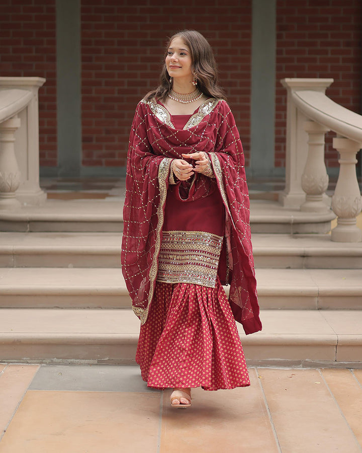 Maroon Color Jacquard And Georgette Three Piece Plazzo Suit