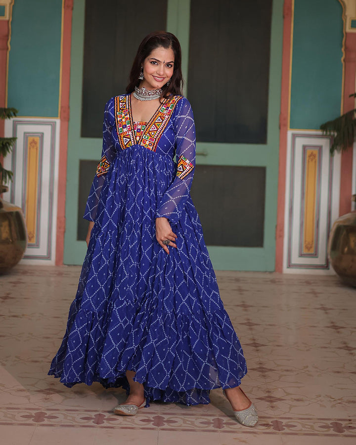 Navratri Special Blue Color Faux Georgette Bandhej Gown