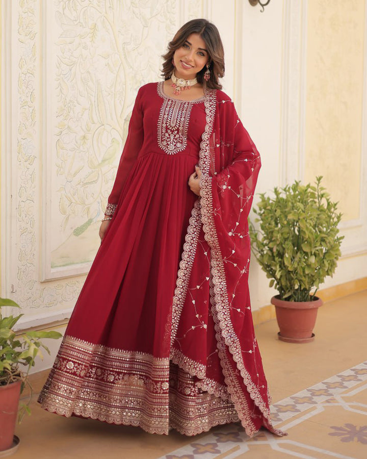 Exclusive Design Maroon Color Anarkali Gown With Sequence Embroidery Dupatta