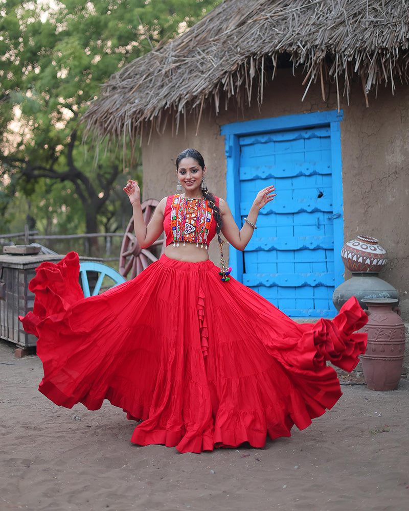 Red Color Rayon Frill And Embroidered Navratri Lehenga Choli