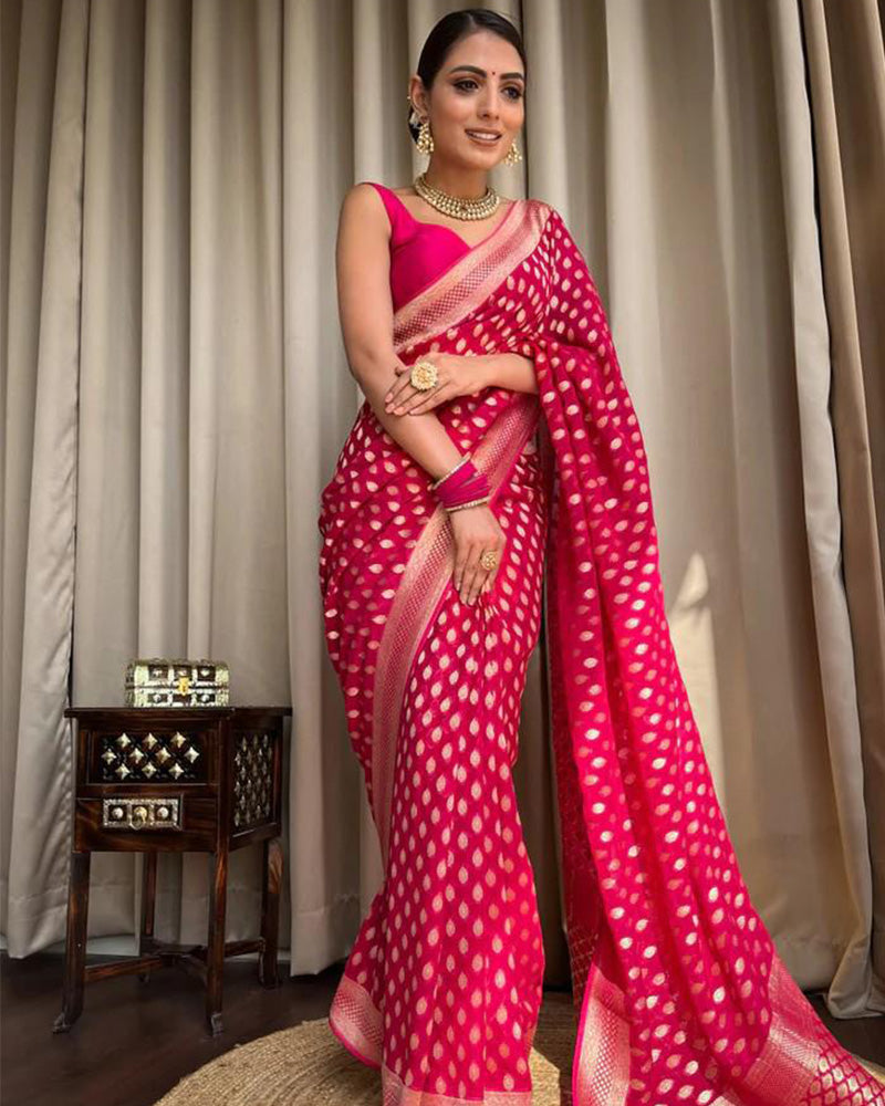 Designer Rani Pink Color Zari Weaving Banarasi Silk Saree