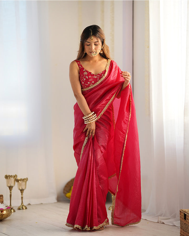 Rani Pink Color Tissue Silk Ready To Wear Saree