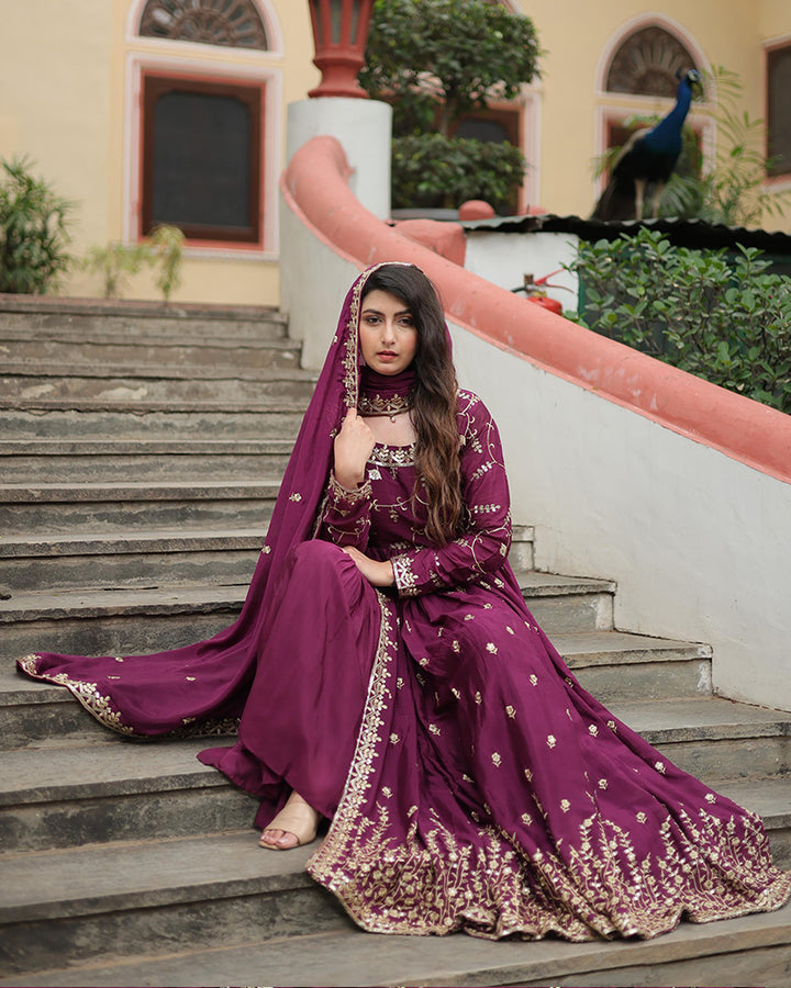 Wine Color Chinon Embroidered Sharara Suit