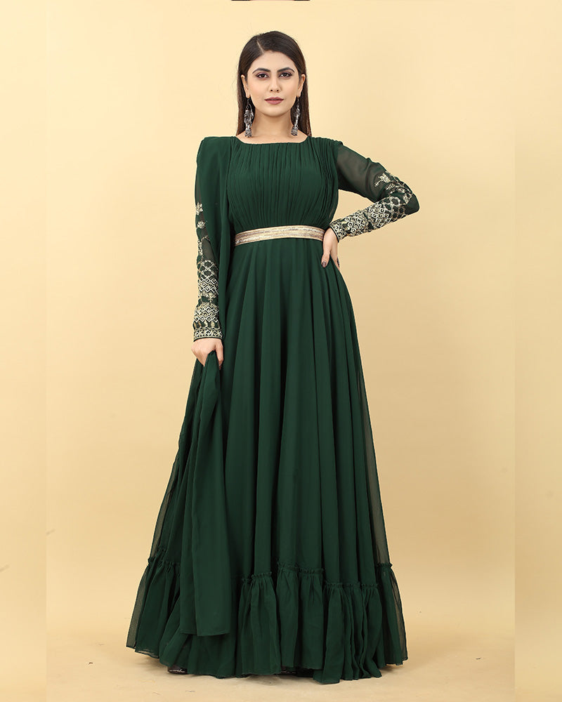 Beautiful Mehndi Color Georgette Embroidered Anarkali Gown