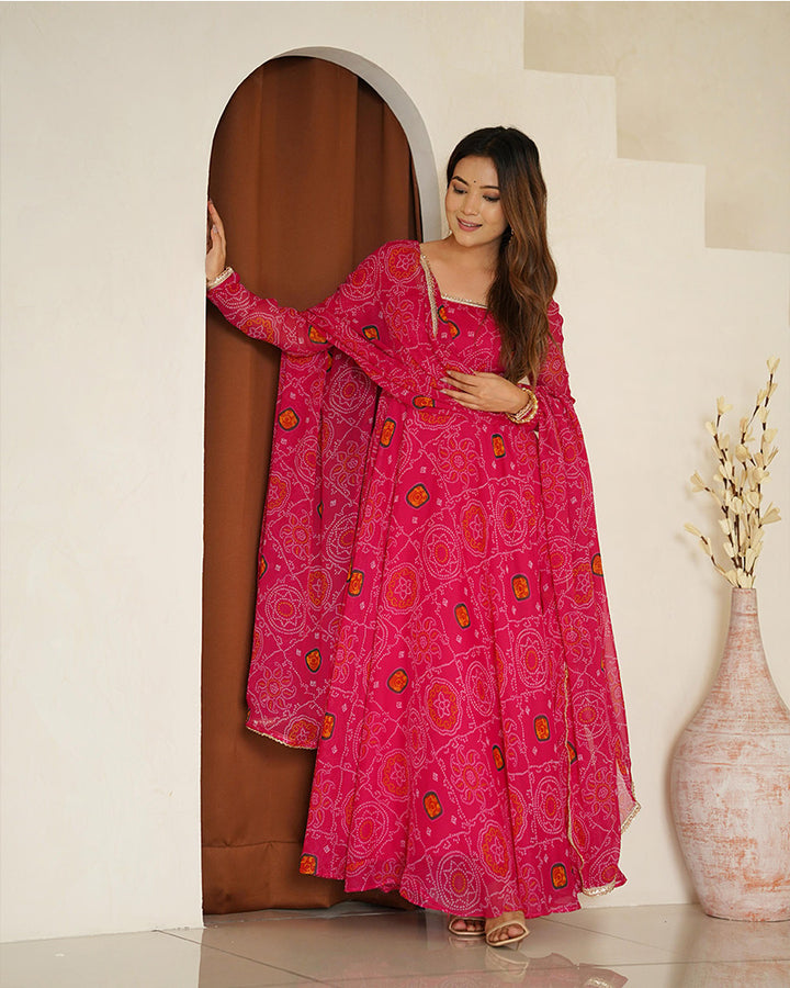 Rani Pink Color Soft Chiffon Anarkali Gown With Dupatta