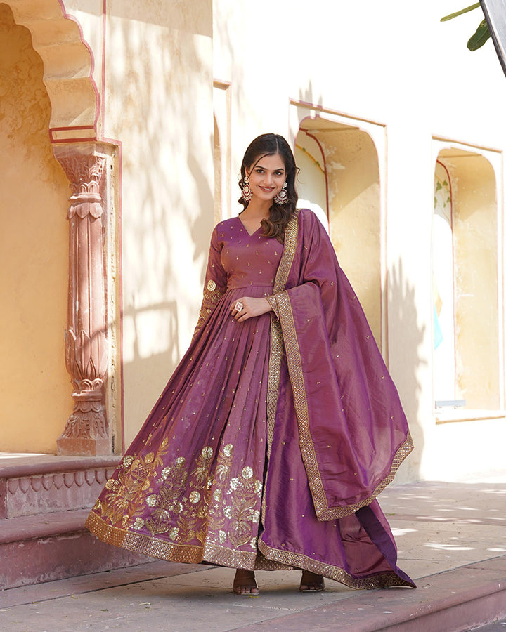 Beautiful Onion Color Viscose Cosmos Gown With Embroidered Dupatta