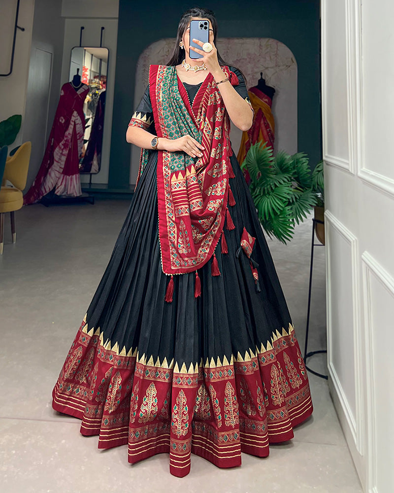 Black Color Tussar Silk Foil Print Designer Semi Stitched Lehenga Choli