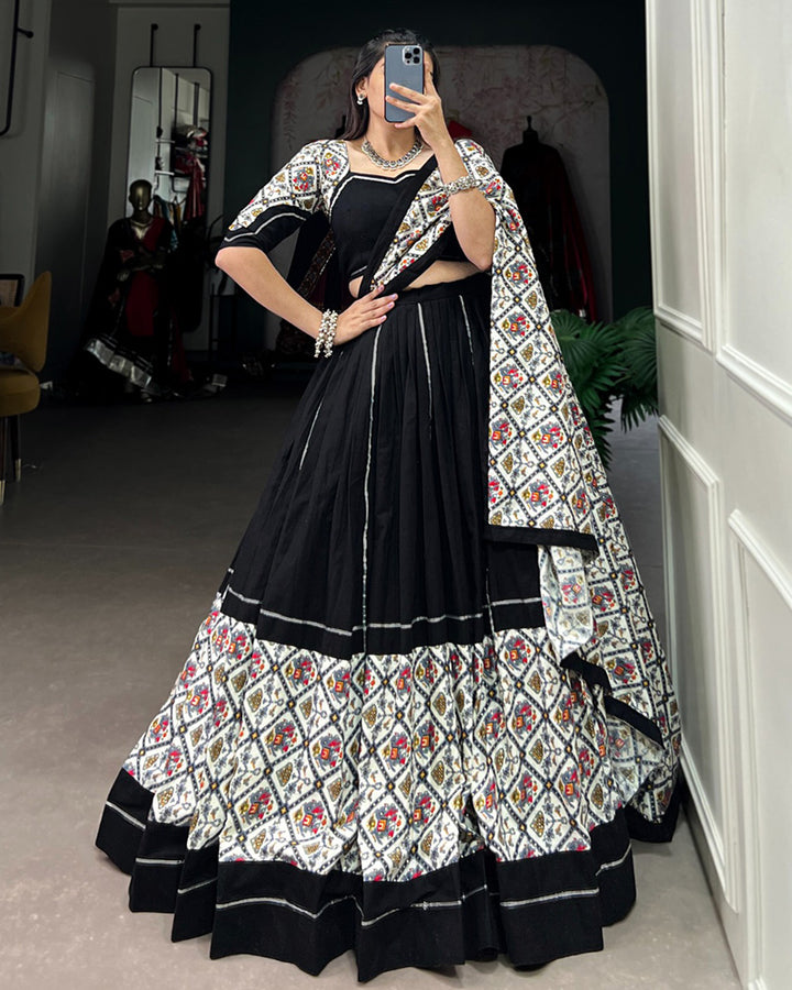 Designer Black And White Color Patola Printed Navratri Lehenga Choli