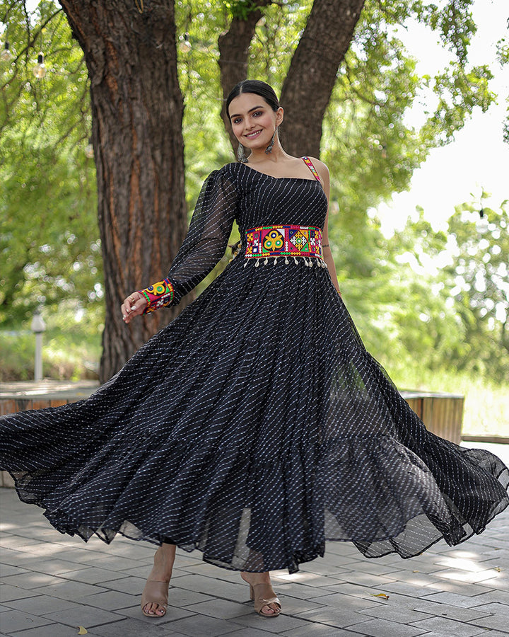 Navratri Special Black Color Georgette Kutchi Patche Work Gown