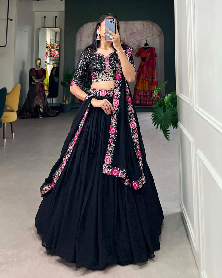 Designer Black Color Georgette Embroidery Lehenga Choli