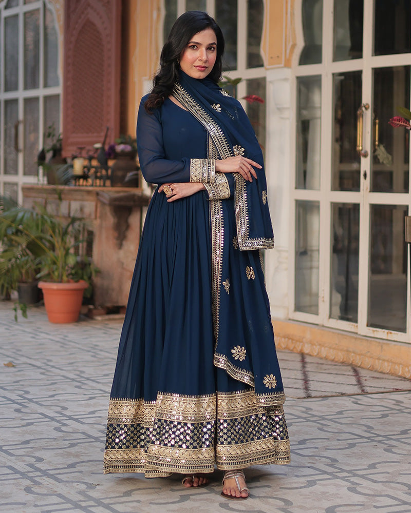 Designer Rama Color Gown With Sequence Embroidered Dupatta