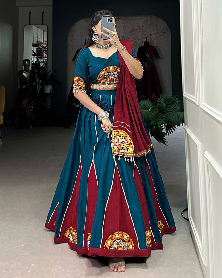 Teal green Color Cotton Gamthi Navratri Lehenga Choli