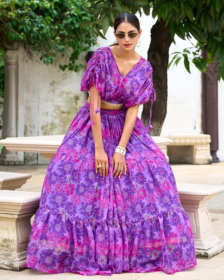 Purple Color Chiffon Floral Printed Lehenga Choli