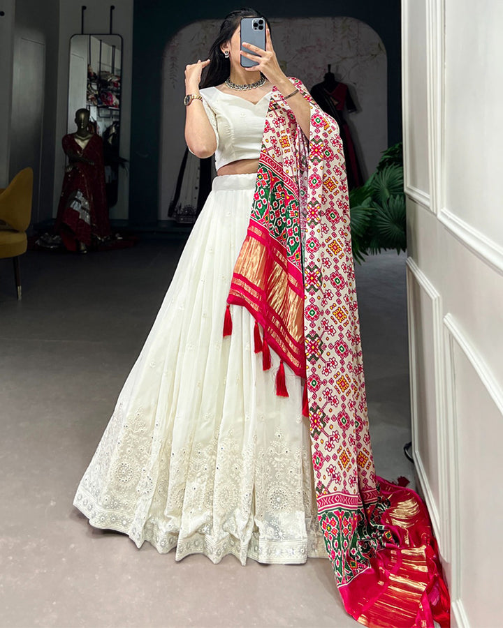 Designer Off-White Lucknowi Work Georgette Lehenga Choli