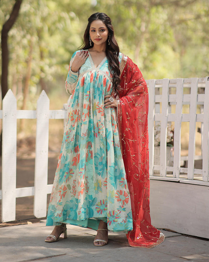 Sky Blue Color Russian Silk Gown With Designer Dupatta