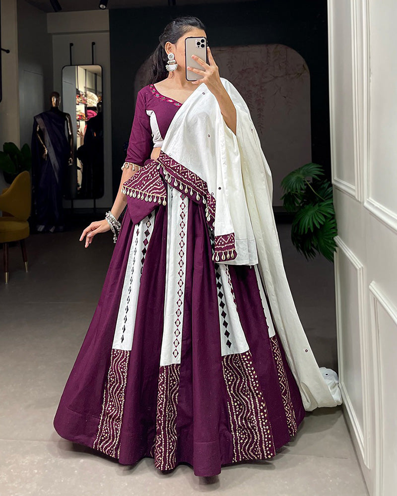 Designer White And Wine Color Cotton Navratri Lehenga Choli