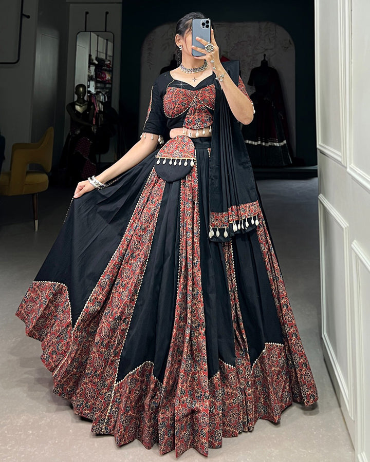 Maroon Color Cotton Printed Cowrie Touch Up Navratri Lehenga Choli